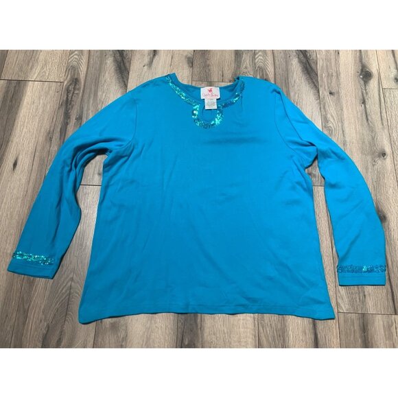 Quacker Factory Women's Turquoise Long Sleeve Top With Sequin Accents Size XL - Picture 1 of 4